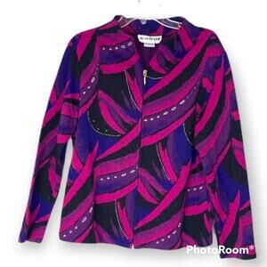 Joan Leslie purple and pink abstract sweater - zip front, cardigan
